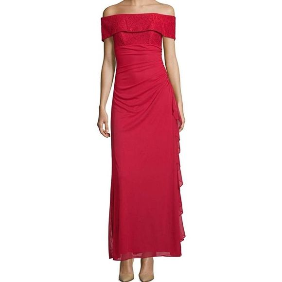 Betsy & Adam Ruched Off the Shoulder Gown Dress Red Size 6 - Picture 1 of 12